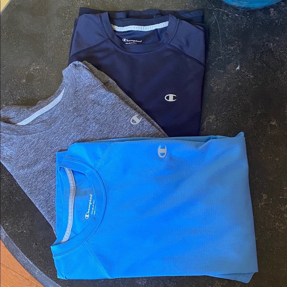 3 Champion, short sleeve  Gray, navy blue and Blue Tee shirts.....